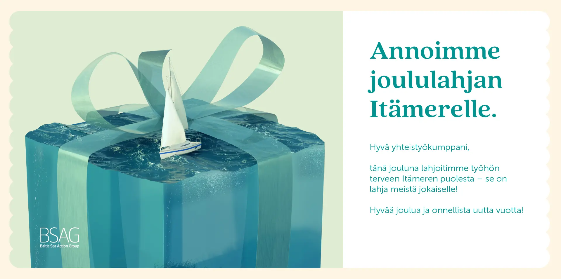 Joulutervehdyskortti: valkoinen purjevene seilaa Itämerellä suuren joulupaketin päällä.